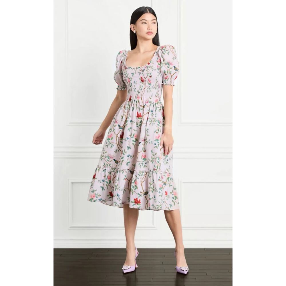 Hill House Home Smocked Louisa Nap Midi Dress Diane Pink Floral Garden Print M - Picture 10 of 11
